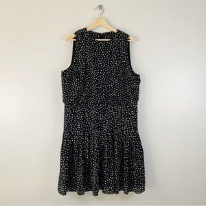 Ann Taylor Pleated Polka  Dot Black White Dress Large 14 High Neck Fitted Ruffle